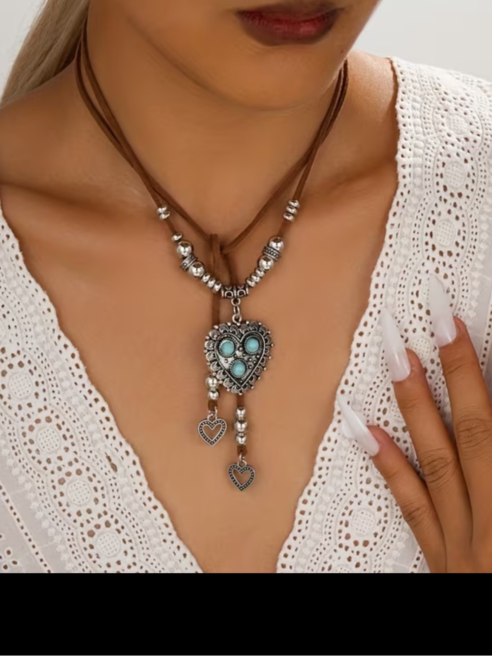Bohemian Turquoise Heart Pendant Necklace - Brown Cord, NEW!